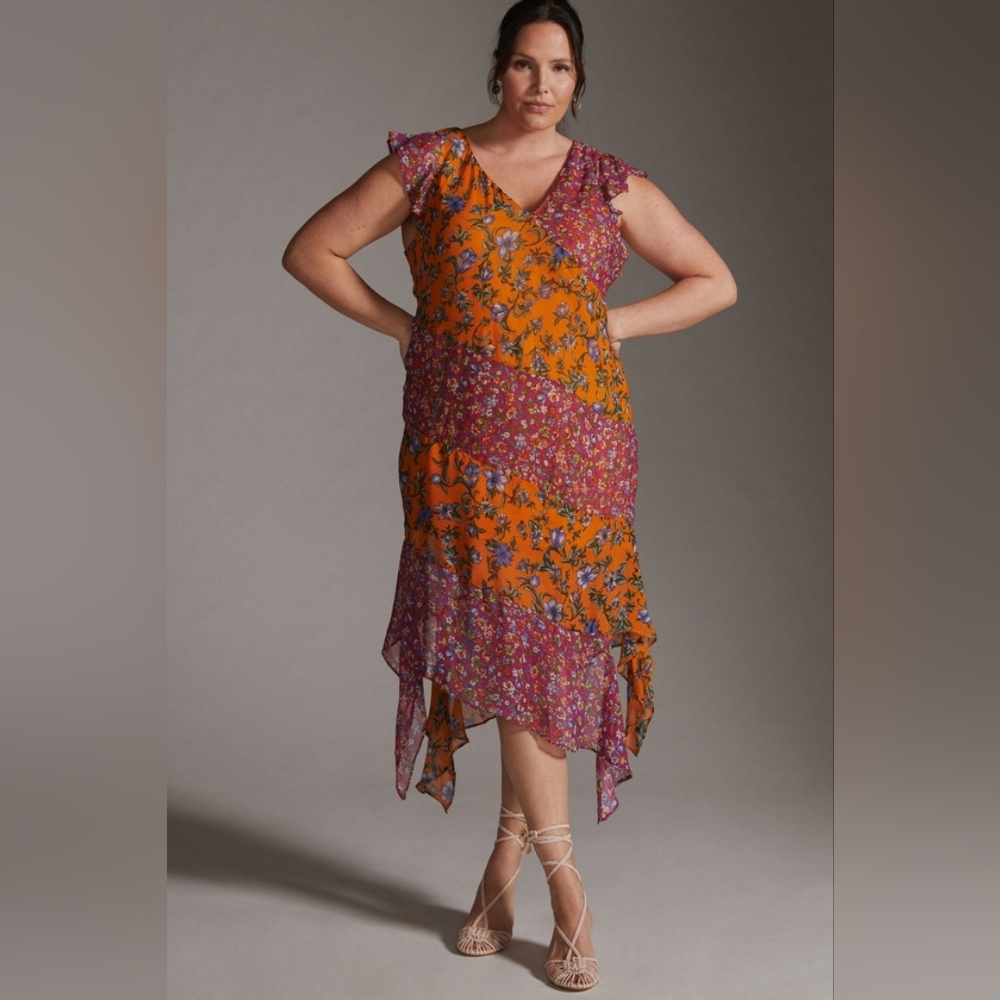 ANTHROPOLOGIE Hanky-Hem Orange Pink Floral Feminine Flowy Midi Dress Size 1X